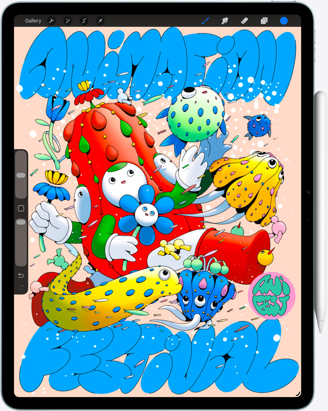 ?iPad Air“, priekin? i?orin? dalis, matoma programa ?Procreate“, spalvingas skaitmeninio meno kūrinys su ?vairiais persona?ais ir objektais, ?Apple Pencil Pro“