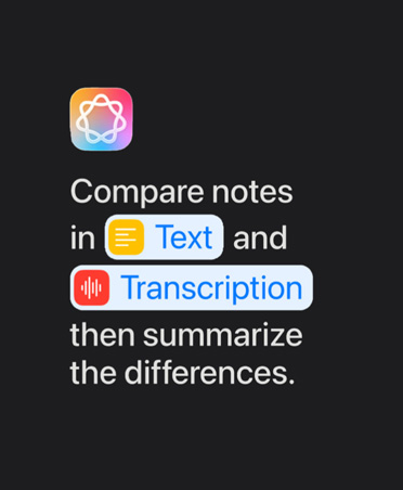 Ikona Apple Intelligence i tekst: ?Porównaj notatki w Tekst i Transkrypcja, a nast?pnie podsumuj ró?nice”