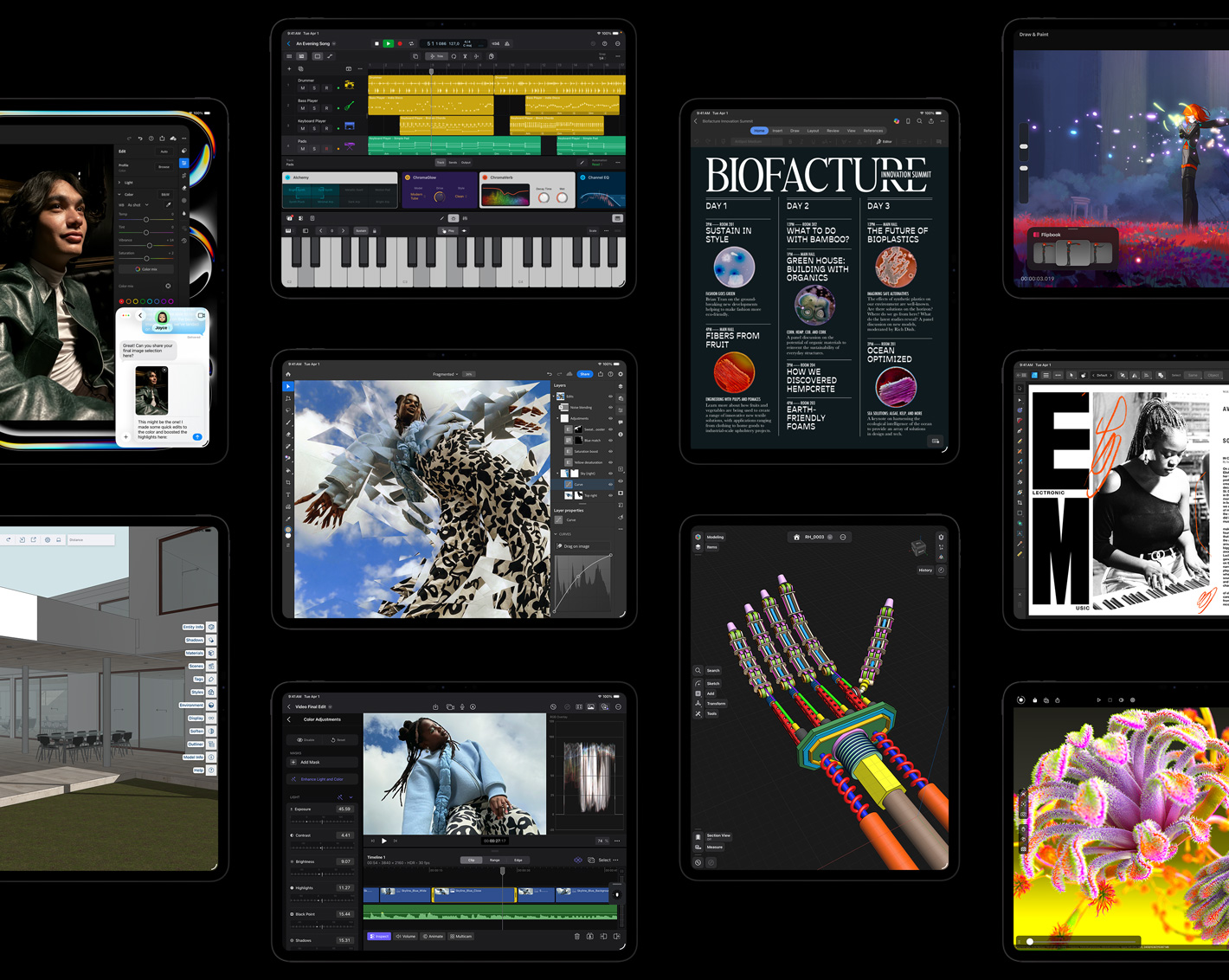 Mehrere iPad Pro Displays zeigen ge?ffnete iPadOS Apps mit kreativen Projekten, darunter Logic Pro, Adobe Lightroom, Adobe Photoshop, Final Cut Pro, Trimble SketchUp, Microsoft Word, Procreate Dreams, Affinity Designer 2, Shapr3D, Octane X