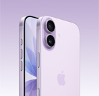 iPhone 17, Farbe Lavendel, Vorderseite, schr?ge Rückansicht, Fusion Kamera-System in der Plattform oben, Taste für die Kamerasteuerung, Vorderseite mit All?Screen Design, Actiontaste und Lautst?rketasten