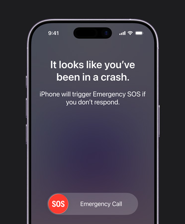 iPhone 17 vist forfra med afrundede hj?rner og funktionen Registrering af ulykke i brug