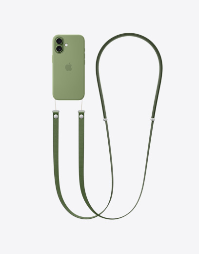 iPhone 17, face arrière, étui vert, bandoulière verte fixée au téléphone