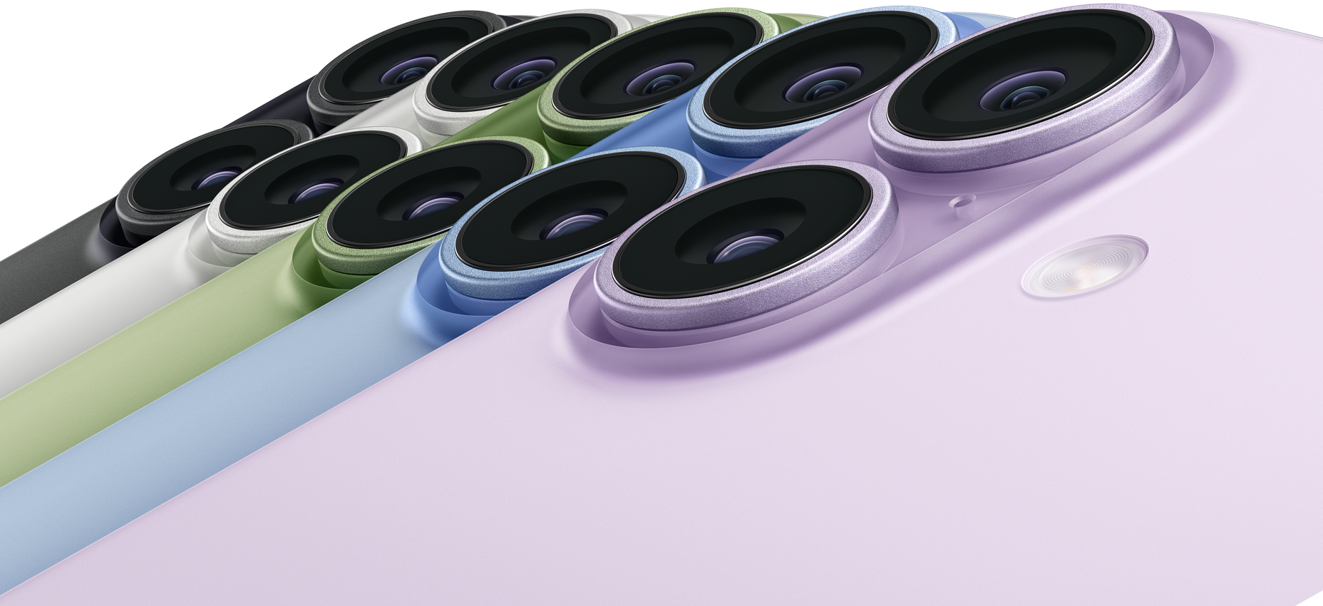 Cinq iPhone 17, face arrière, coin supérieur gauche, système à deux caméras Fusion, dans les couleurs suivantes : noir, blanc, sauge, bleu aube et lavande