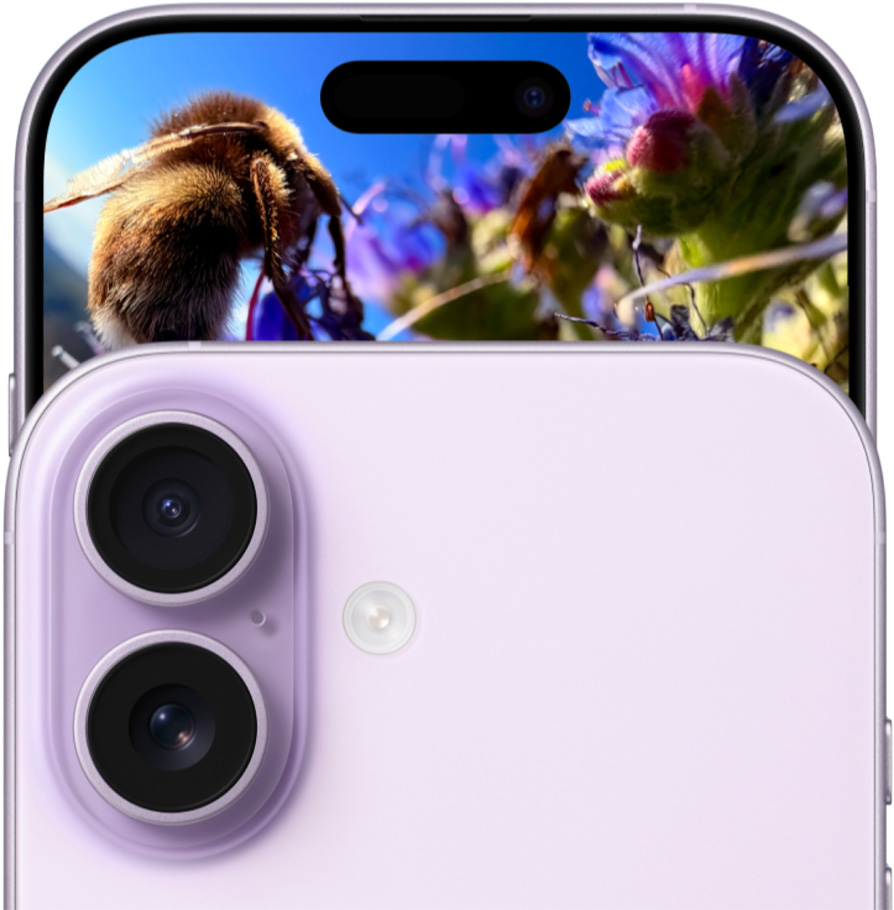 Face avant d’iPhone 17 avec le système à deux caméras Fusion, face arrière, couleur lavande