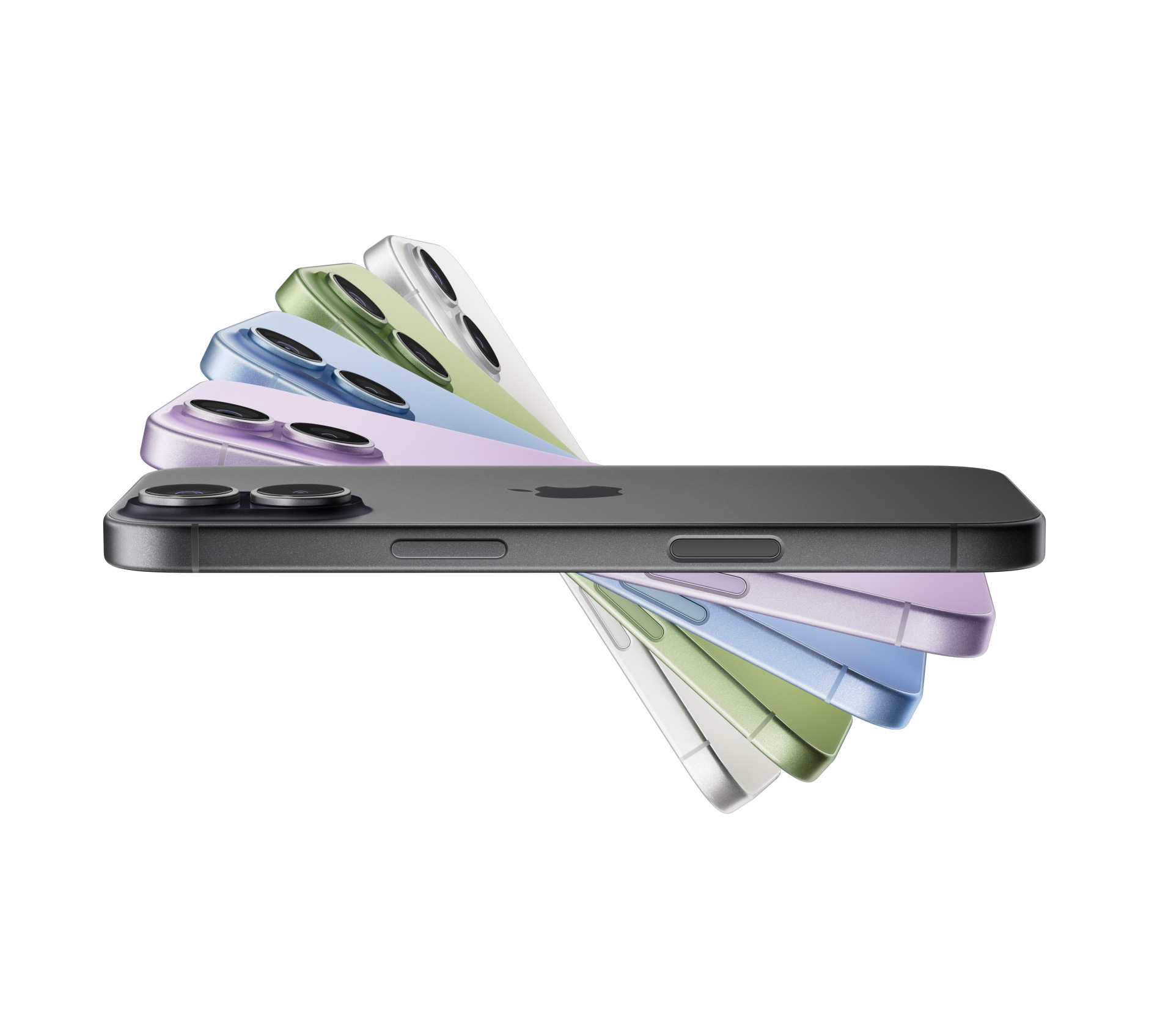 Plusieurs iPhone 17 disposés en éventail dans les couleurs suivantes : noir, lavande, bleu aube, sauge et blanc