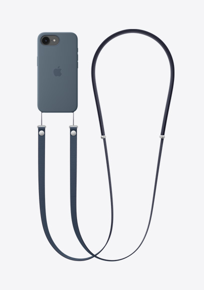 iPhone dix-sept-e, face arrière, noir, étui en silicone avec MagSafe bleu auquel est fixée une bandoulière bleue