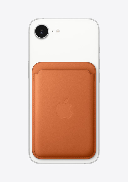 iPhone dix-sept-e, face arrière, blanc, portefeuille à tissage fin orange fauve avec MagSafe, caméra Fusion dans la partie supérieure