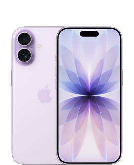 iPhone 17, face arrière, couleur lavande, système à deux caméras Fusion dans le coin supérieur gauche, logo Apple au centre, face avant, couleur lavande, Dynamic Island au centre de la partie supérieure