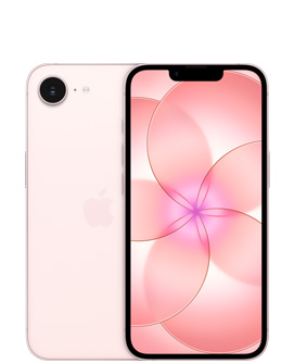 iPhone dix-sept-e, face arrière, rose pale, caméra Fusion dans le coin supérieur gauche, logo Apple centré, face avant, rose pale, écran intégral