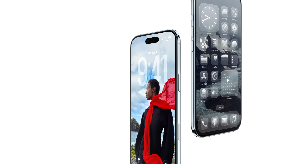 Deux iPhone Air, face avant, c?té, profil fin, écran verrouillé dynamique, écran d’accueil avec apps Liquid Glass