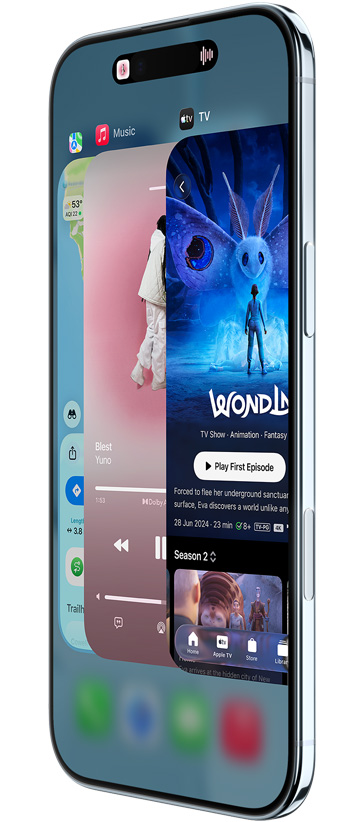 iPhone Air el?lnézetb?l és oldalnézetb?l a Térképek, a Zene és az Apple TV appal, bemutatva az App-váltó funkció m?k?dését