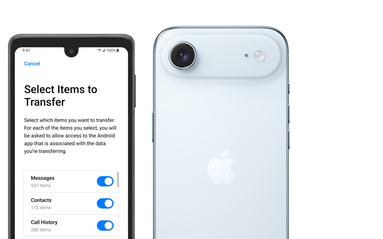 Egy androidos telefon, melynek kijelz?jén a Váltás iOS-re app látható, mellette egy iPhone Air hátulnézetb?l, felül a Fusion kamerarendszer kiemelked? házával és a vakuval