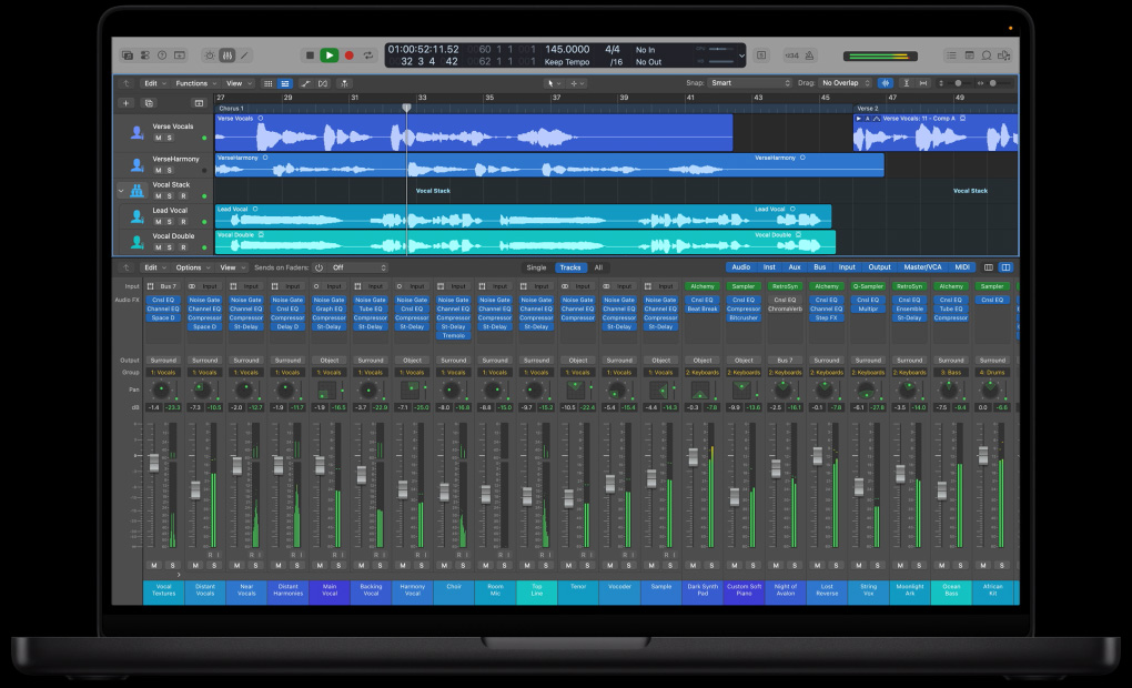 MacBook Pro 16″ screen showing Mixing workspace with sound wave layers and various dials and settings at the bottom