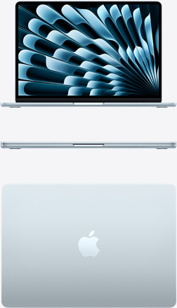Pohled zep?edu a shora na blankytně modry MacBook Air