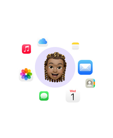 Emotikon usmívajícího se obli?eje s ikonami r?znych aplikací kolem: Hudba, iCloud Drive, Poznámky, Mail, Kontakty, Kalendá?, Zprávy a Fotky
