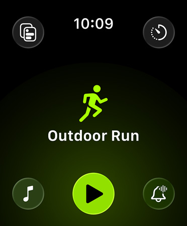 Nouvel affichage de l’app Exercice, boutons verts dans chaque coin pour accéder aux alertes, à la musique, aux expériences, aux exercices personnalisés et aux données, sur un fond noir. Au centre, une ic?ne de coureur verte, avec au-dessous Course (plein air) en lettres blanches et encore en dessous, un bouton Lecture vert