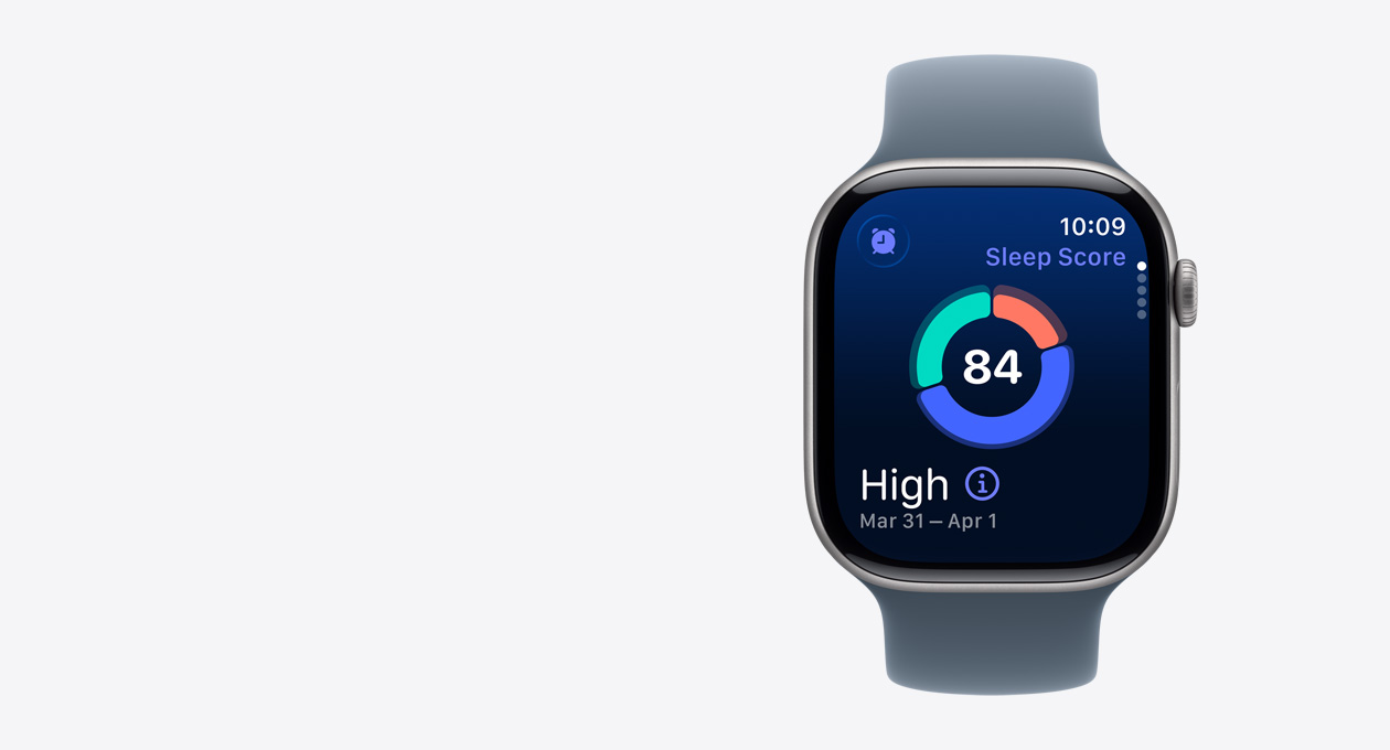 Apple Watch Series 11, couleur gris sidéral, bo?tier en aluminium, écran montrant le score de sommeil