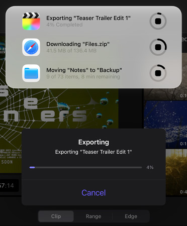 En liste med igangv?rende liveaktiviteter, der k?rer samtidigt. Listen omfatter eksport af en filmtrailer, download af store filer og flytning af “Noter” til “Sikkerhedskopiering”