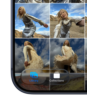 iPhone, bagian kiri bawah layar memperlihatkan kotak aplikasi Foto yang menampilkan tab Perpustakaan dan Koleksi dalam desain Liquid Glass baru