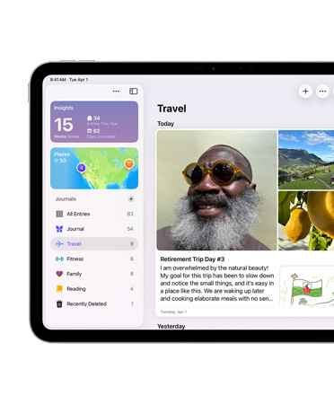 iPad, orientation paysage, le c?té gauche de l’appareil affiche l’app Journal