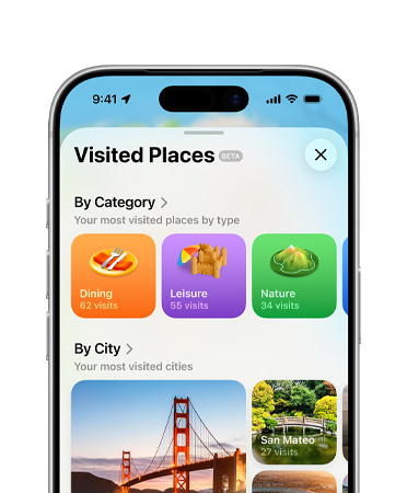 iPhone, separuh bagian atas saja, layar menampilkan fitur pernah dikunjungi di aplikasi Peta, yang meliputi Kategori dan Kota