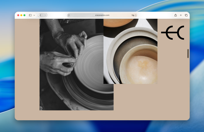 Une page web sur la poterie en céramique défile dans la version repensée de Safari, et les couleurs de la page sont réfléchies subtilement dans la nouvelle barre d’outils