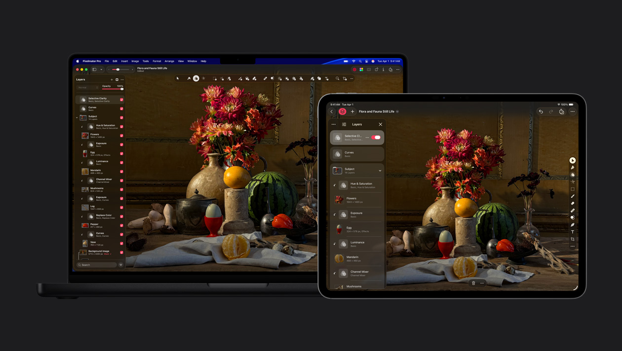 Gli schermi di un MacBook Pro 16 e iPad Pro 13 mostrano l’app Pixelmator Pro, una natura morta raffigurante piante e animali, e il pannello livelli a sinistra