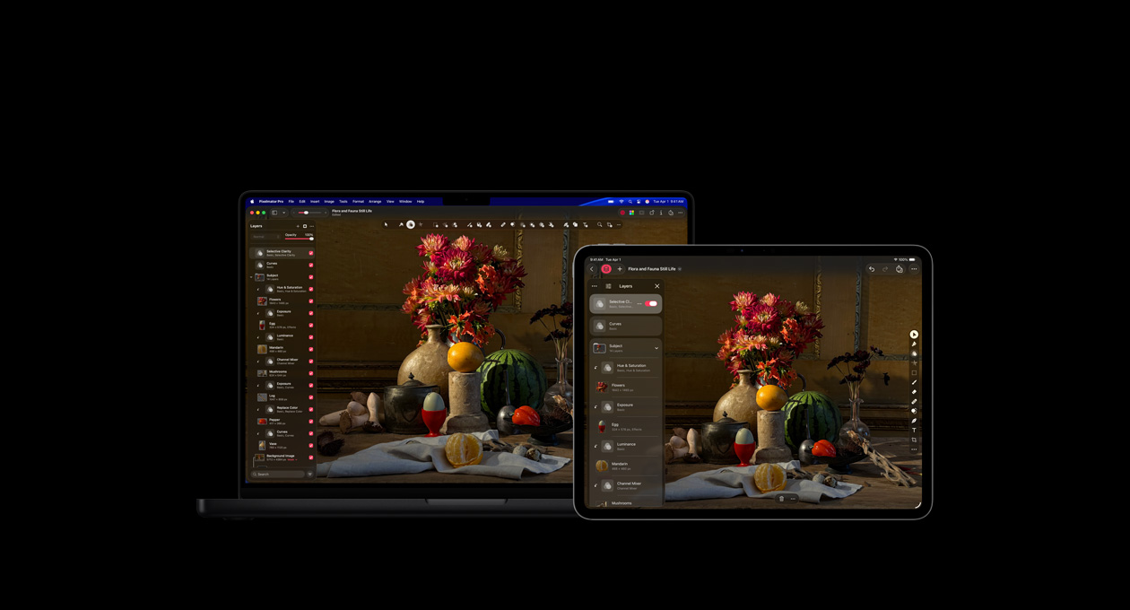 Gli schermi di un MacBook Pro 16 e iPad Pro 13 mostrano l’app Pixelmator Pro, una natura morta raffigurante piante e animali, e il pannello livelli a sinistra
