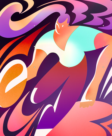 Illustrazione colorata e altamente stilizzata di una donna che gioca a basket