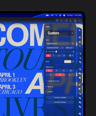 Lo schermo di un MacBook Pro 16 mostra il poster di un Comedy Tour e lo strumento di testo personalizzato