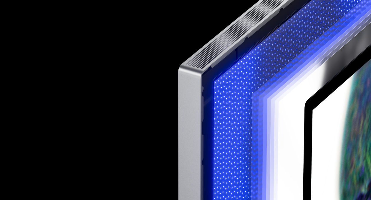 Galerie présentant les fonctionnalités du Studio Display XDR, dont le rétroéclairage par mini-DEL, les capacités de luminosité et de contraste, la synchronisation adaptative et la connectivité