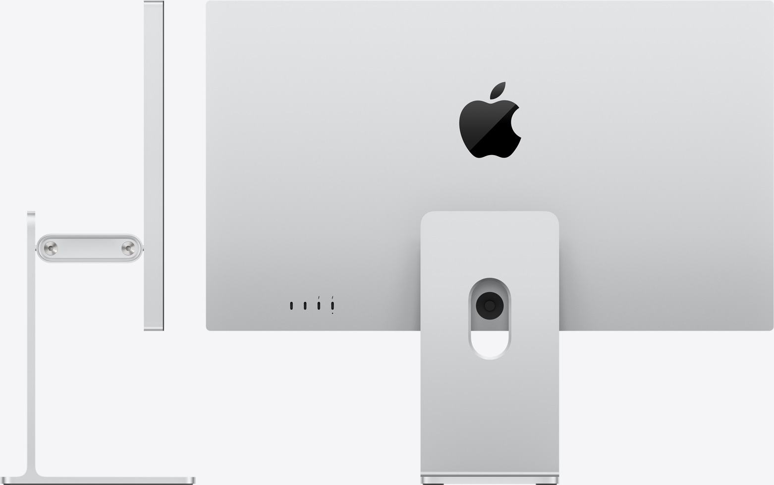 Un Studio Display XDR fixé au support inclinable à hauteur réglable, vu de dos et de profil pour montrer le bras d’équilibrage