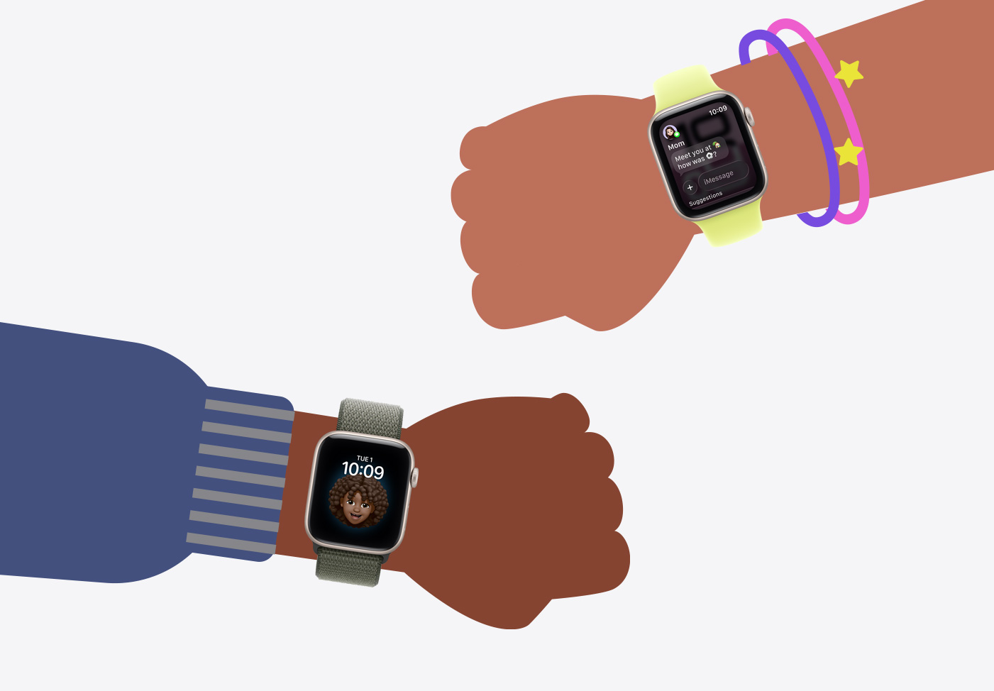 Apple Watch 親子設定，展示小朋友腕上戴著 Apple Watch SE 3 的卡通插圖