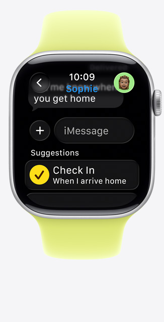 Apple Watch Series 11 z kopert? z aluminium w kolorze srebrnym, sugestia z funkcji Daj zna? w iMessage, pasek sportowy w kolorze neonowym ?ó?tym