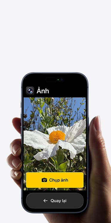Màn hình iPhone 17 Pro hi?n th? giao di?n ?ng d?ng Camera gi?n l??c v?i b?ng hoa tr?ng trong khung hình, nút “Ch?p ?nh” và nút “Quay l?i” bên d??i