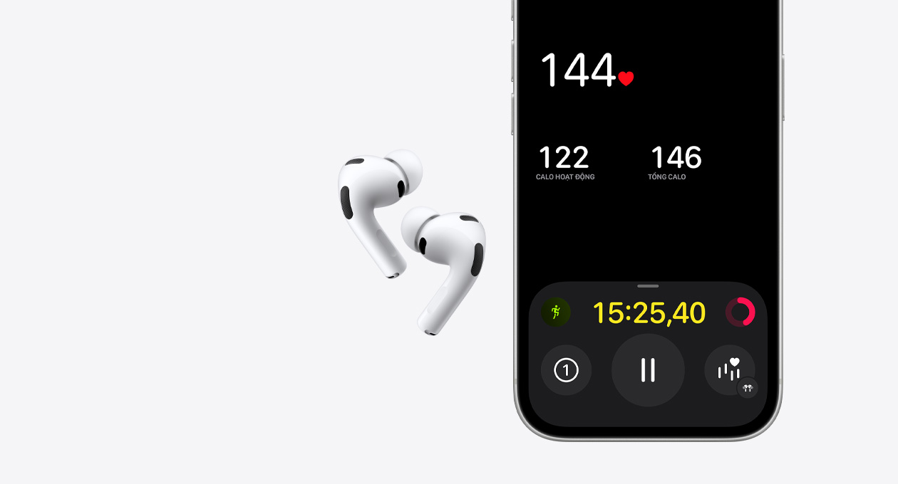 AirPods Pro 3 và H?p S?c MagSafe (USB-C), màu tr?ng, n?a d??i c?a màn hình iPhone 17 Pro, ?ng d?ng Th? D?c, tính n?ng c?m bi?n nh?p tim
