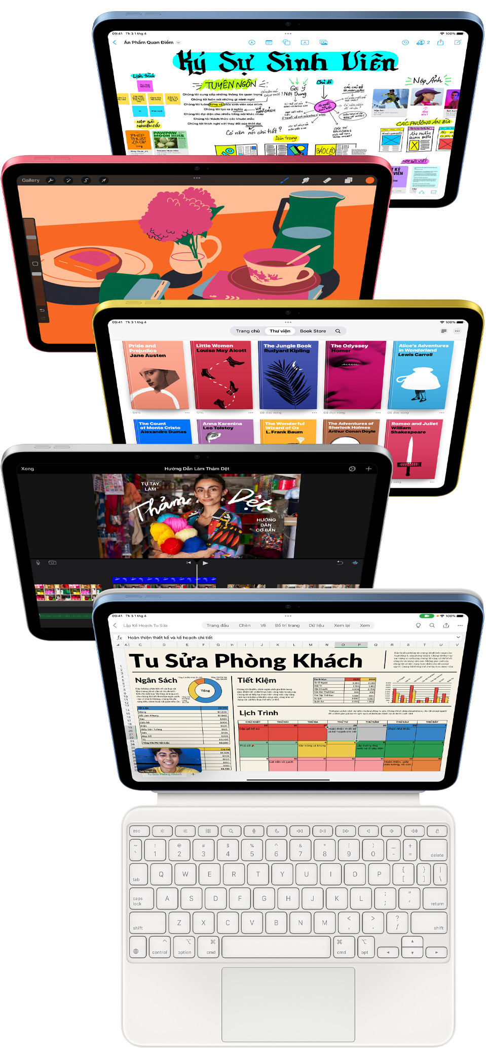 M?t tr??c màn hình iPad hi?n th? nhi?u ?ng d?ng, bao g?m Freeform, ProCreate, Apple Books, iMovie, Microsoft Excel v?i Webex Meetings.
