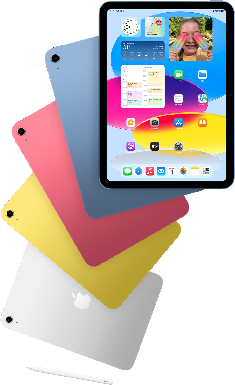 ?nh m?t tr??c c?a iPad có màn hình chính, cùng m?t sau c?a các iPad màu xanh d??ng, h?ng, vàng và b?c. Apple Pencil n?m g?n các m?u iPad ???c s?p x?p.