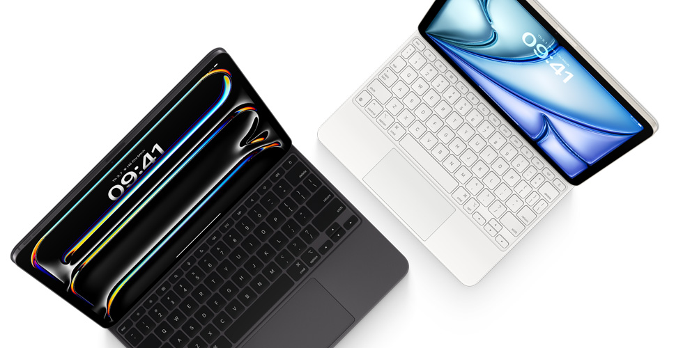 Hình ?nh nhìn t? trên xu?ng c?a iPad Pro g?n v?i Magic Keyboard màu ?en dành cho iPad Pro và iPad Air g?n v?i Magic Keyboard màu tr?ng.