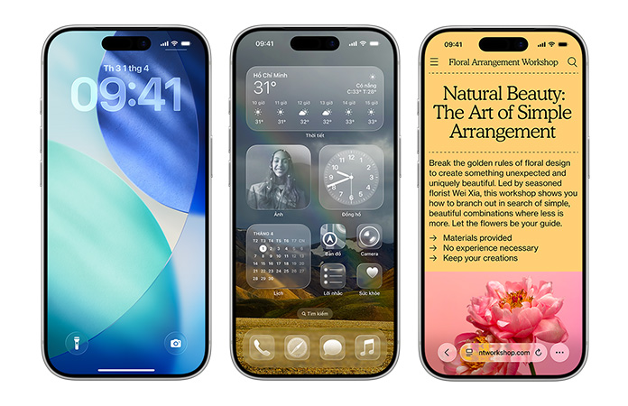 Các thi?t b? iPhone ??t c?nh nhau, hi?n th? các y?u t? thi?t k? m?i khác nhau trên iOS, nh? Màn Hình Khóa(chǎn) v?i ch? s? ch? gi? d??i d?ng Liquid Glass trong m? và màn hình chính v?i các bi?u t??ng ?ng d?ng Liquid Glass trong su?t